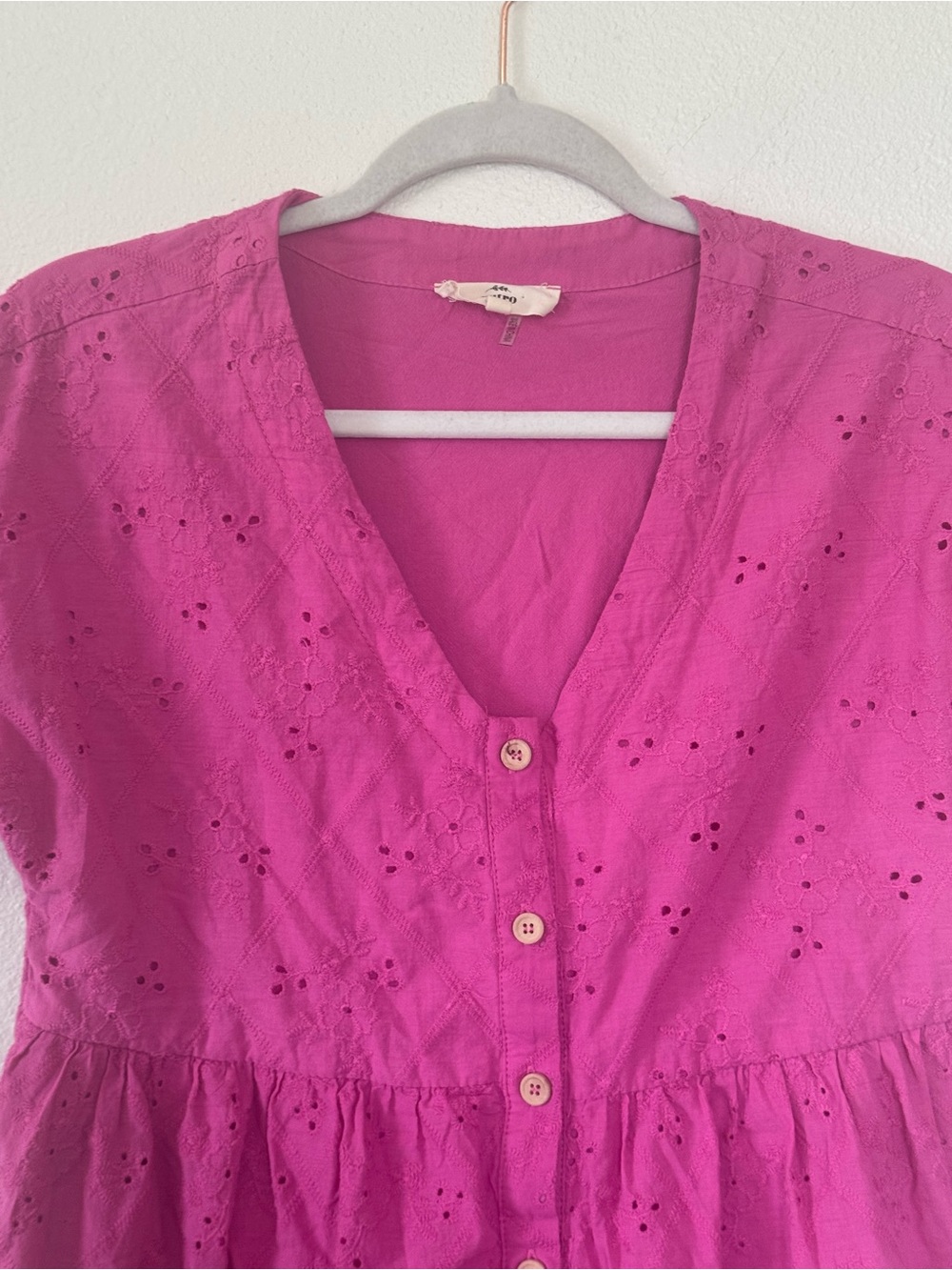 ENTRO Pink Eyelet Cotton Shirt Dress A Line Babydoll Short Sleeve S - Picture 3 of 10